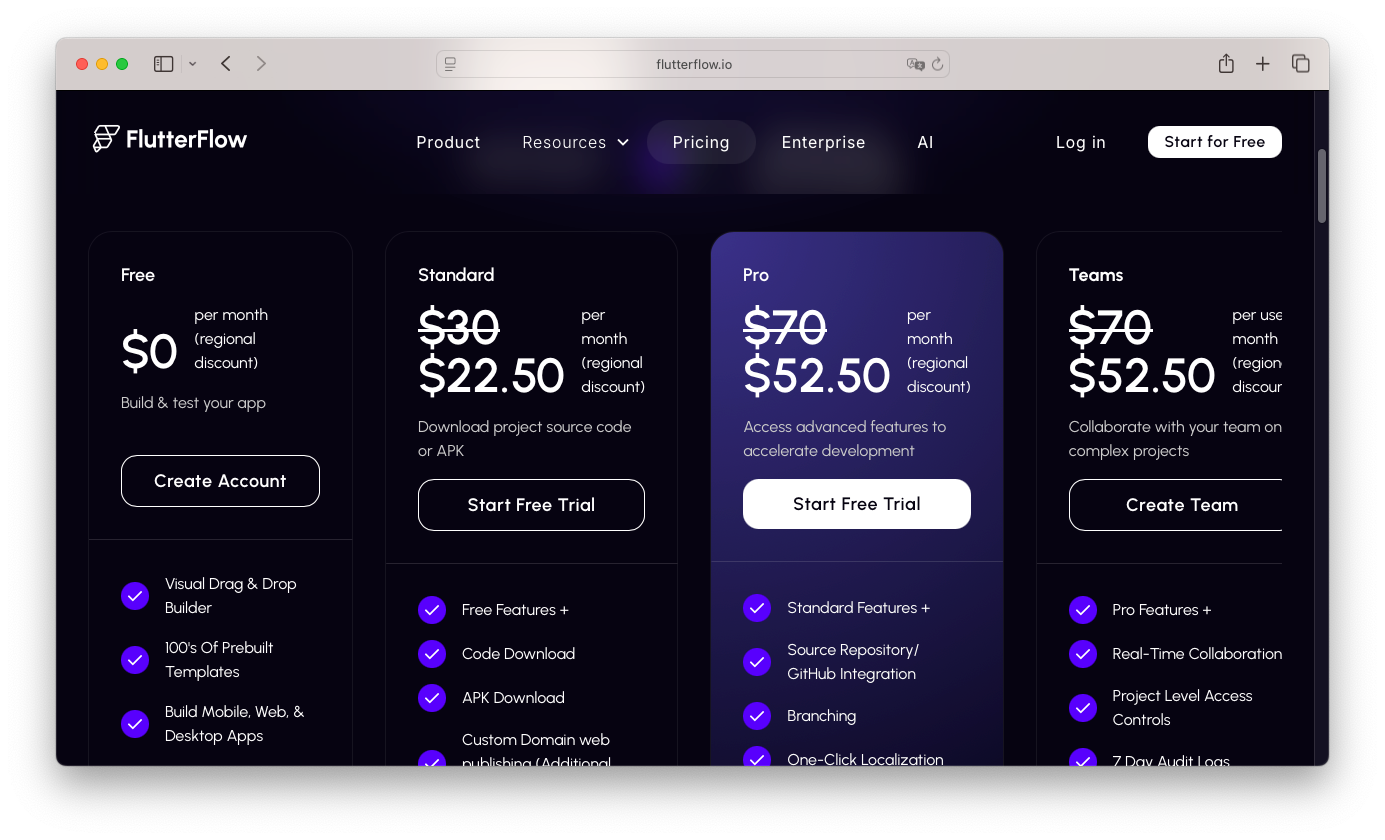 FlutterFlow 費用介紹頁,顯示不同方案的內容與價格