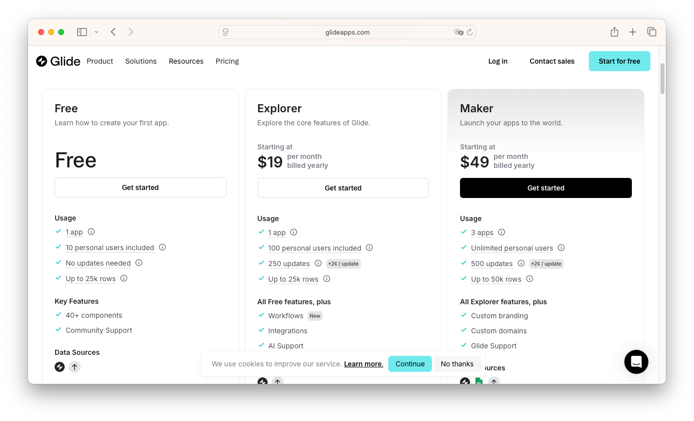 Glide 費用介紹頁,顯示不同方案的內容與價格