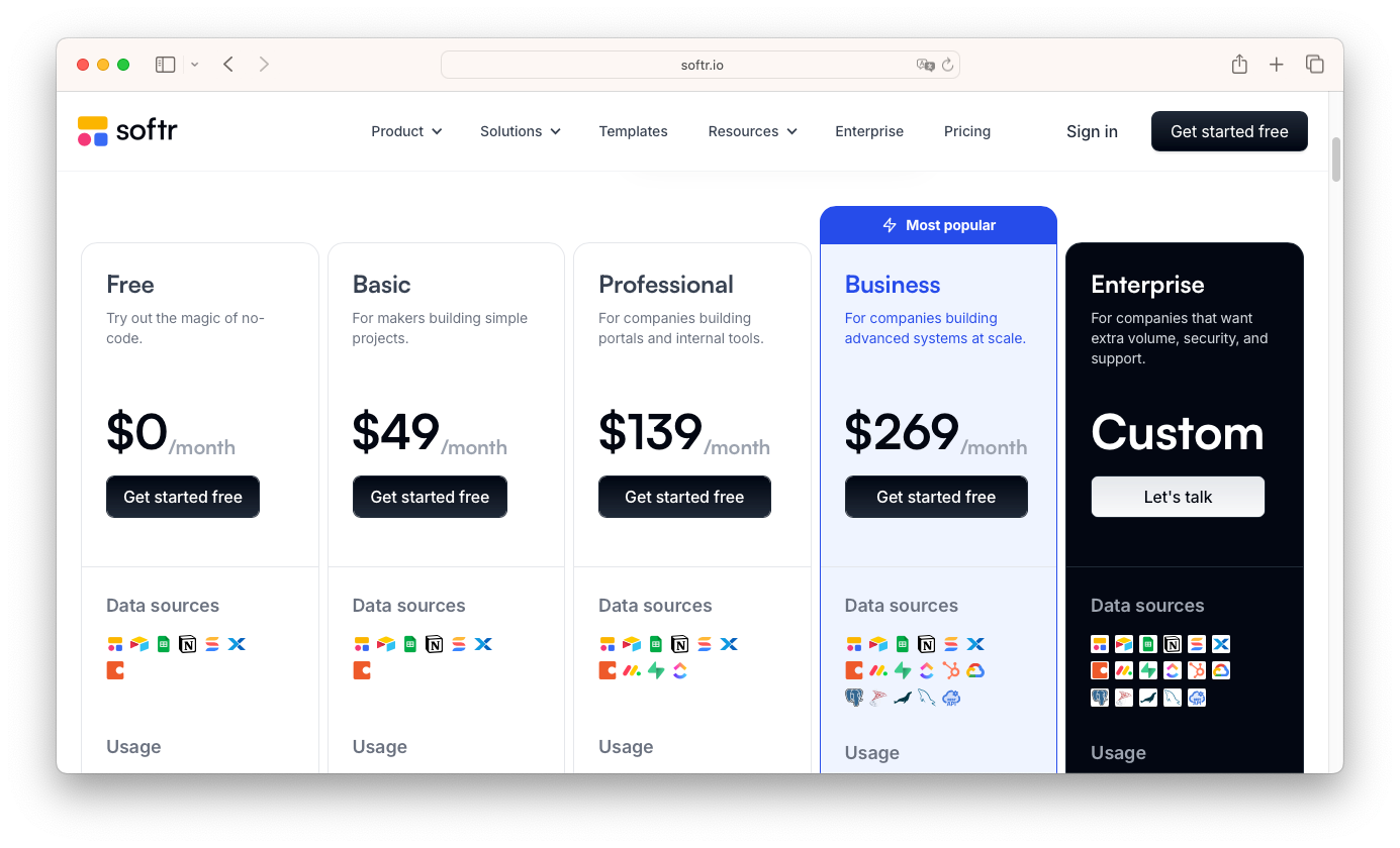 Softr 費用介紹頁,顯示不同方案的內容與價格