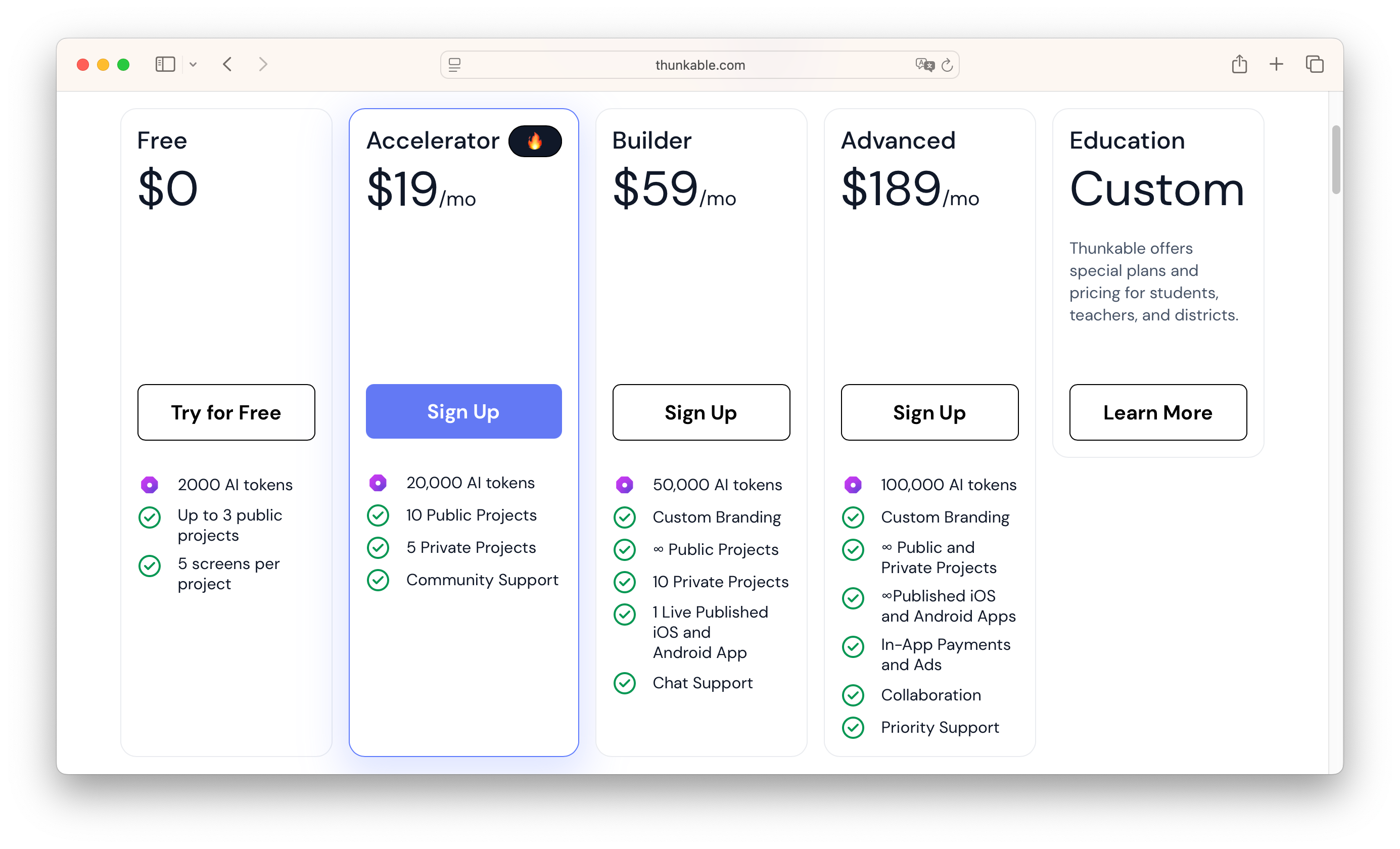 Thunkable 費用介紹頁,顯示不同方案的內容與價格
